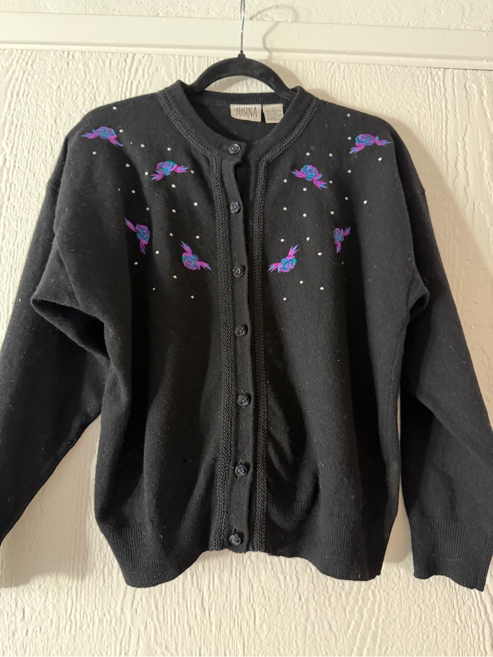 Susina Black Cardigan with Purple and Teal Floral Embroidery